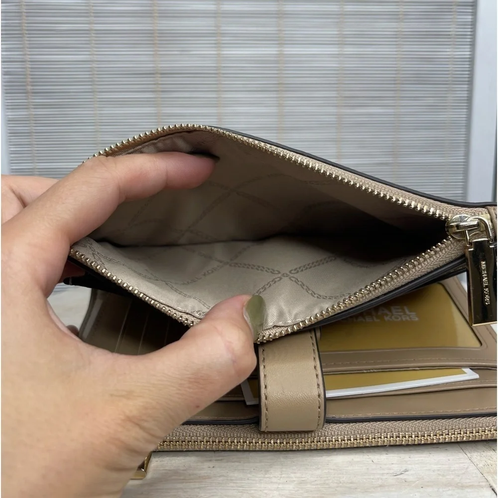 Michael Kors Jet Set Tan Leather Double Zip Braided Edge Wallet Wristlet